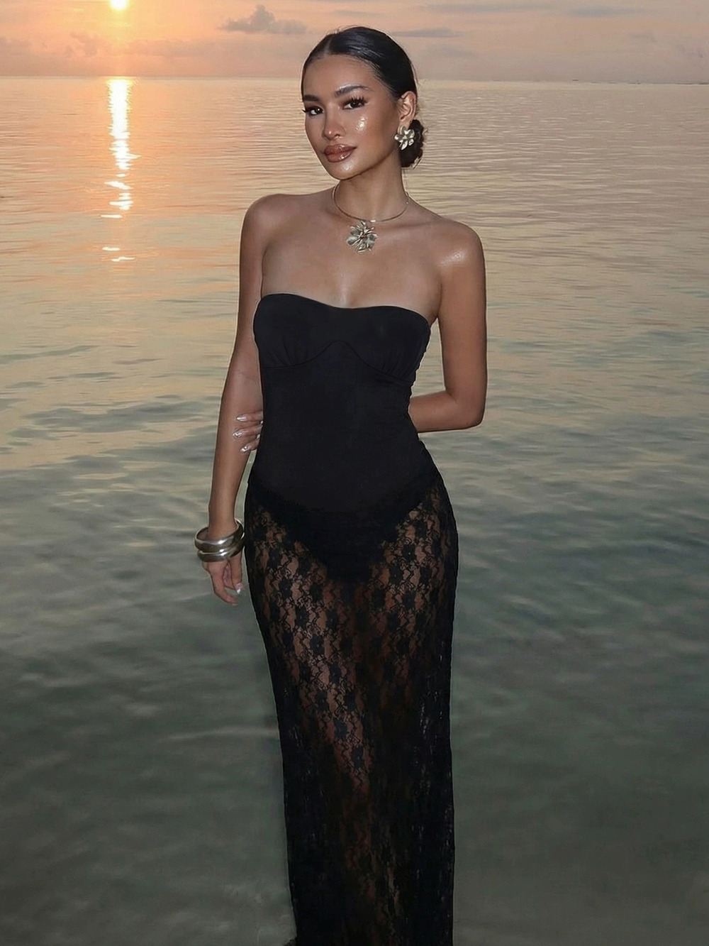 Zara Spring Summer Lace Bandeau Backless Sheer Mesh Solid Color Dress